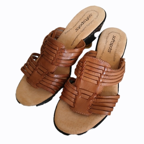 Softspots Shoes - Softspots Size 8M Leather Women's Tan Woven Wedge 2" Heel Sandals